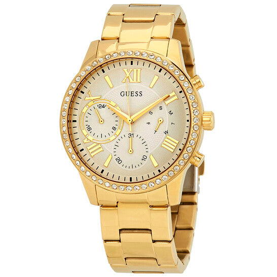  Shop Authentic Guess Solar Chronograph Diamonds White Dial Gold Steel Strap Watch for Women - W1069L2 - Luxxuri