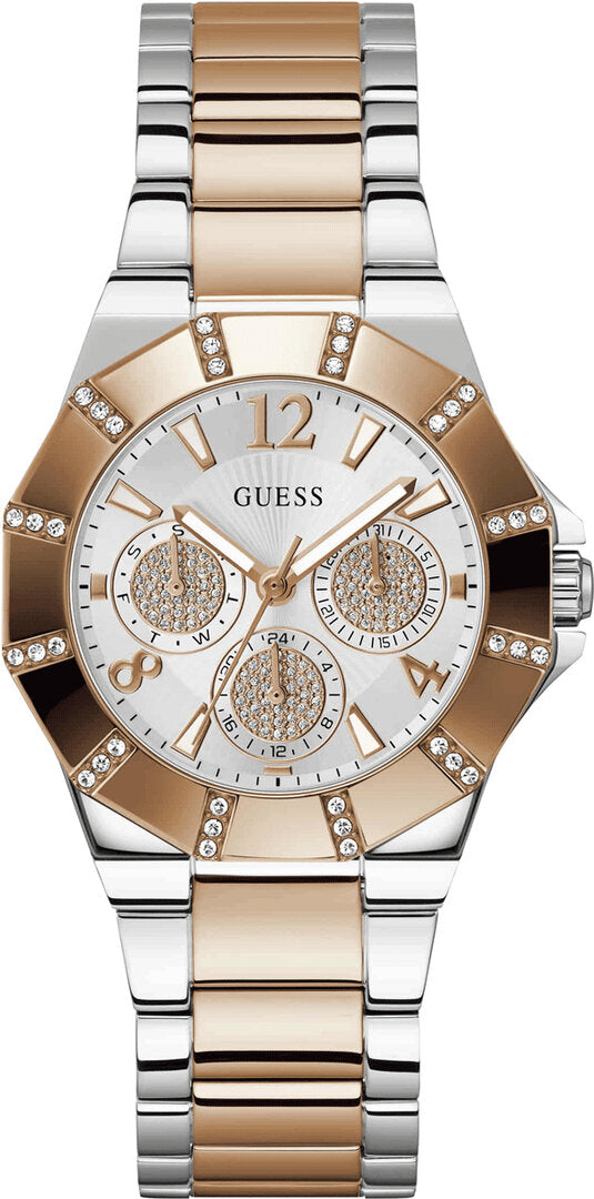  Shop Authentic Guess Sunray Multifunction Crystals Silver Dial Two Tone Steel Strap Watch For Women - GW0616L3 - Luxxuri