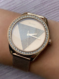  Shop Authentic Guess Tri Glitz Quartz Diamonds Rose Gold Dial Rose Gold Mesh Bracelet Watch For Women - W1142L4 - Luxxuri
