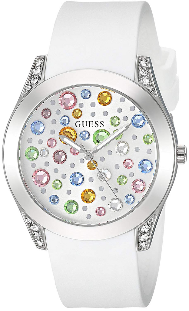 Guess Wanderlust Crystals Silver Dial White Rubber Strap Watch For Women - W1059L3