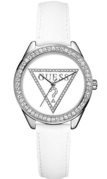 Guess Mini Triangle Quartz Diamonds Silver Dial White Leather Strap Watch For Women - W65006L1