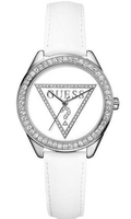  Shop Authentic Guess Mini Triangle Quartz Diamonds Silver Dial White Leather Strap Watch For Women - W65006L1 - Luxxuri