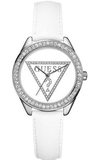  Shop Authentic Guess Mini Triangle Quartz Diamonds Silver Dial White Leather Strap Watch For Women - W65006L1 - Luxxuri