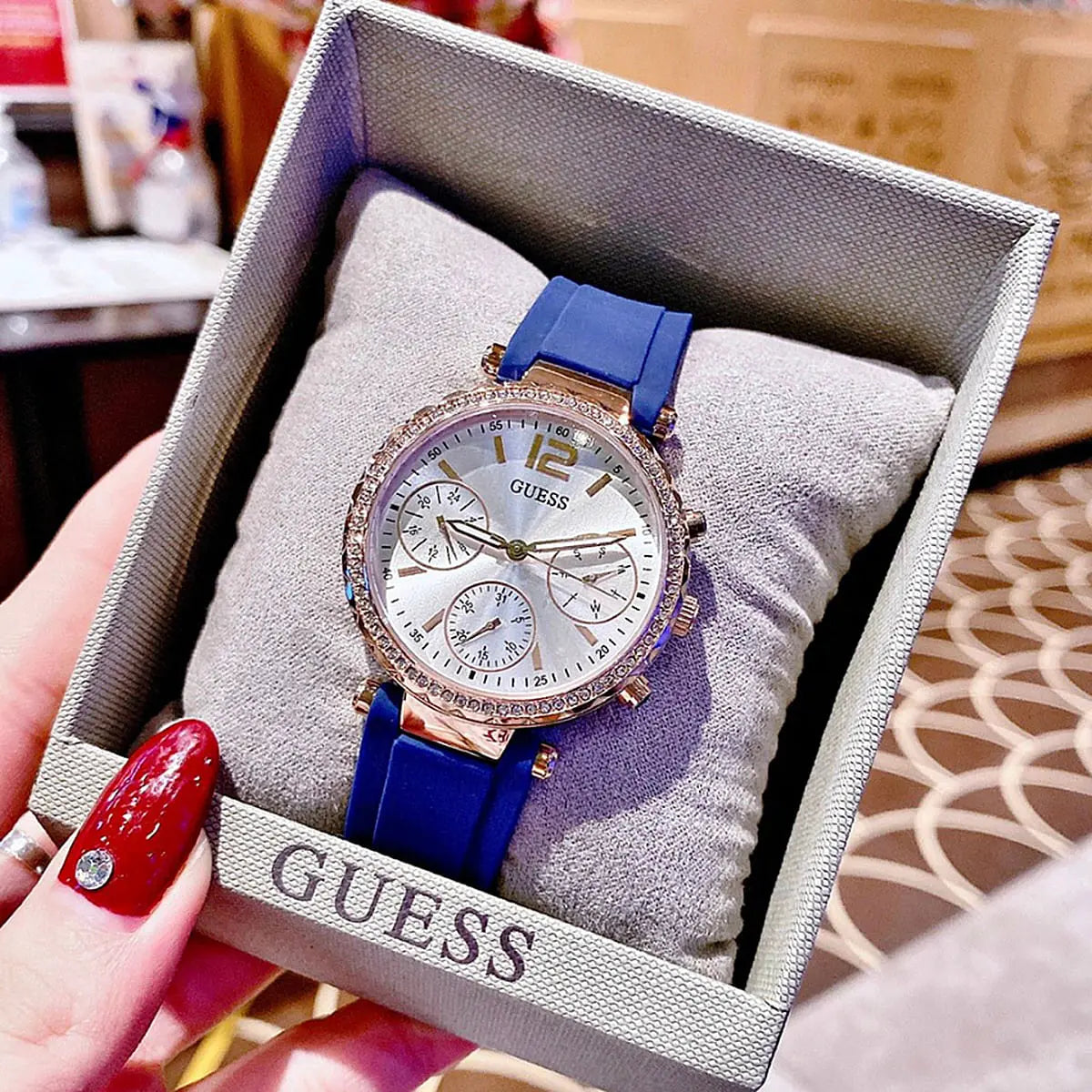  Shop Authentic Guess Solstice Diamonds Silver Dial Blue Rubber Strap Watch for Women - GW0113L3 - Luxxuri