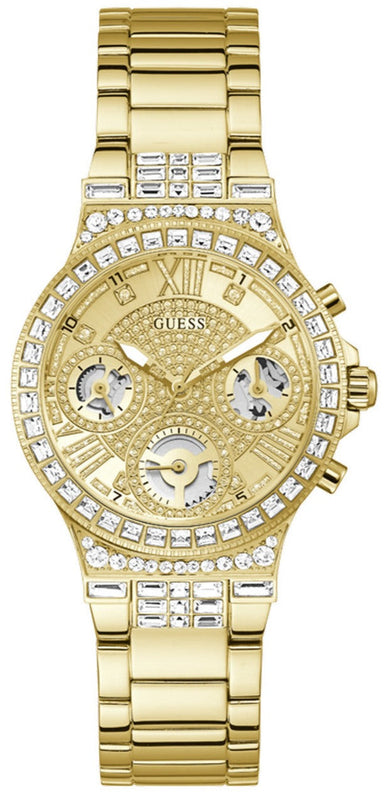  Shop Authentic Guess Moonlight Multi Function Diamonds Gold Dial Gold Steel Strap Watch for Women - GW0320L2 - Luxxuri
