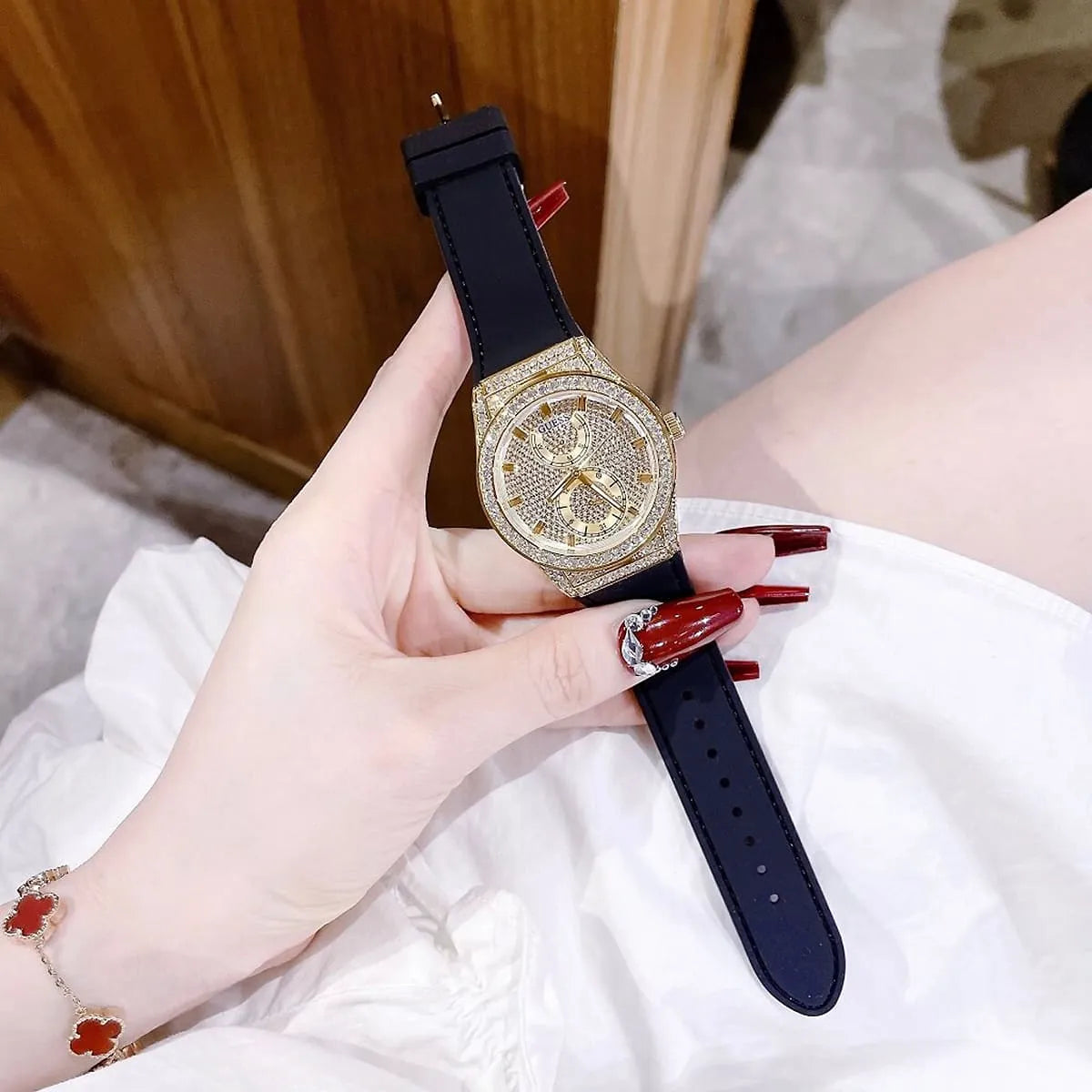  Shop Authentic Guess Princess Crystals Gold Dial Black Silicone Strap Watch For Women - GW0439L2 - Luxxuri