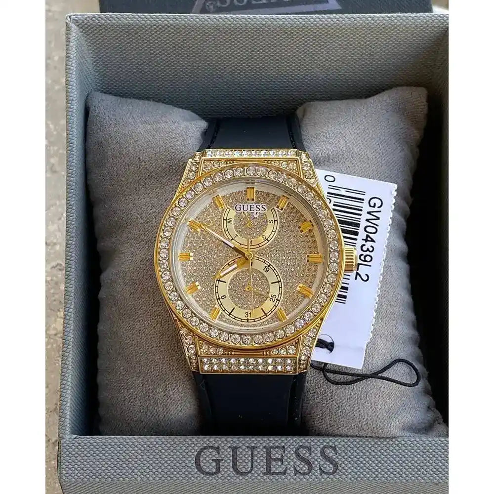  Shop Authentic Guess Princess Crystals Gold Dial Black Silicone Strap Watch For Women - GW0439L2 - Luxxuri