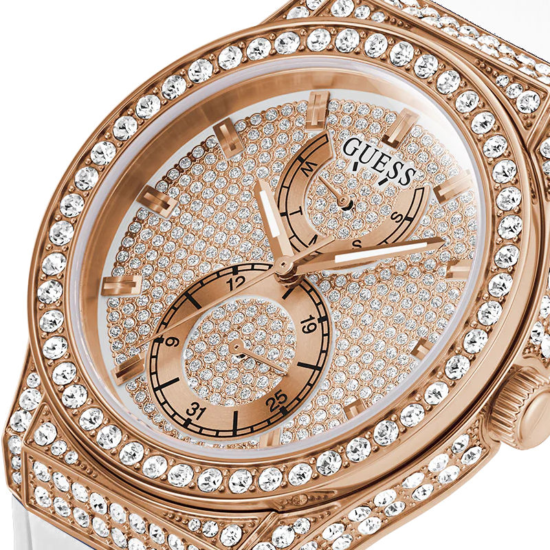  Shop Authentic Guess Sport Multifunction Crystals Rose Gold Dial White Rubber Strap Watch For Women - GW0439L3 - Luxxuri