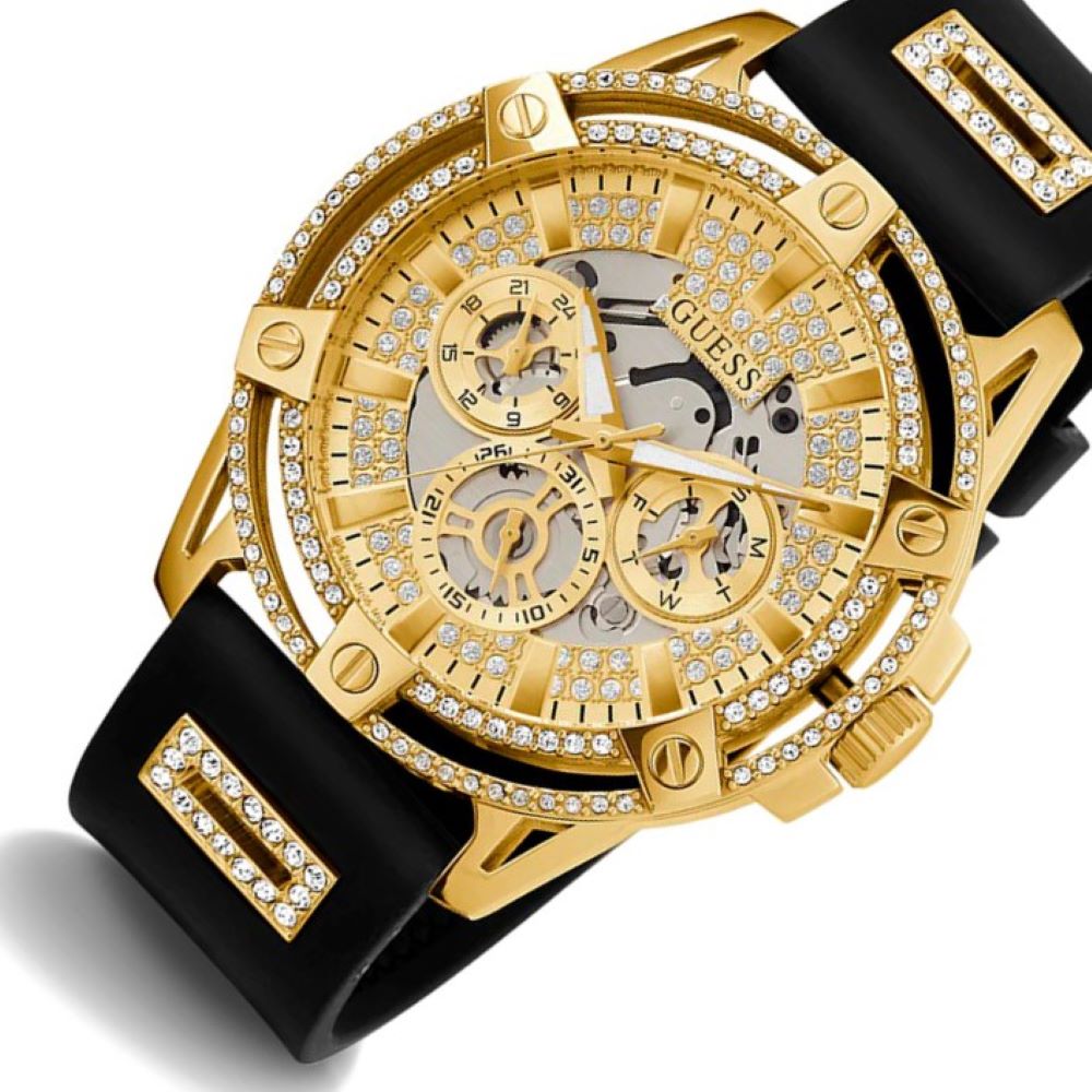  Shop Authentic Guess King Quartz Crystals Gold Dial Black Silicone Strap Watch For Men - GW0537G2 - Luxxuri
