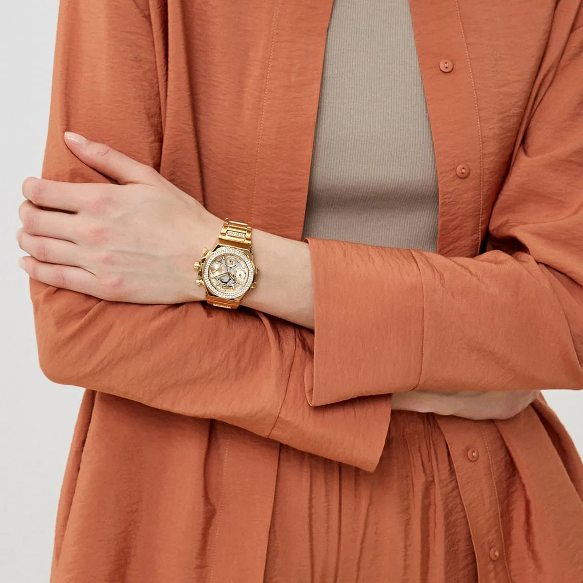  Shop Authentic Guess Fusion Chronograph Gold Dial Gold Steel Strap Watch for Women - GW0552L2 - Luxxuri