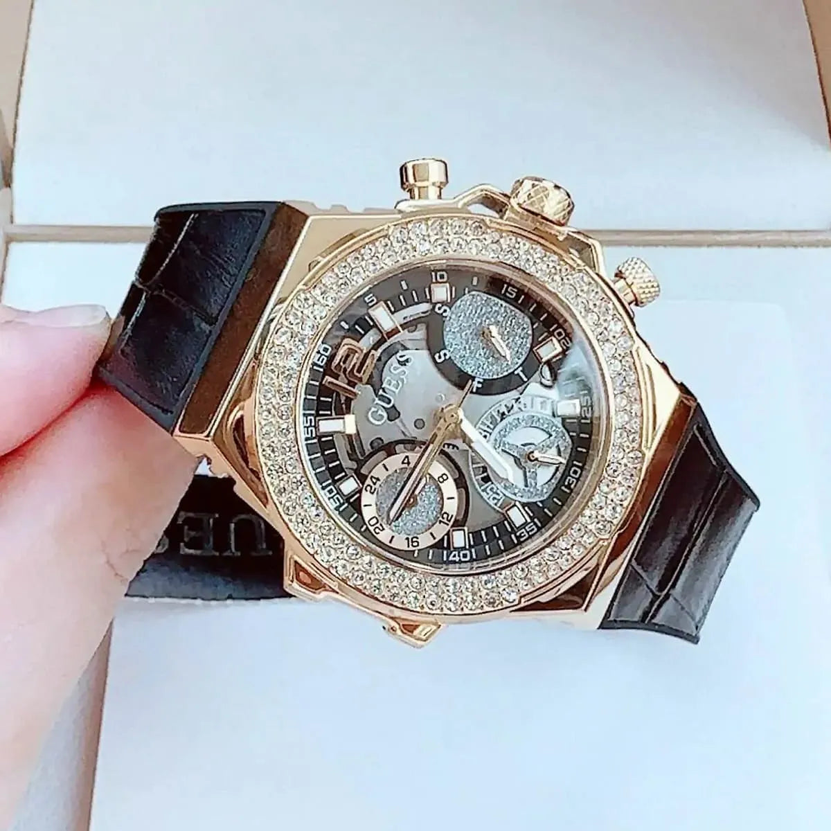  Shop Authentic Guess Fusion Chronograph Black Dial Black Leather Strap Watch For Women - GW0553L4 - Luxxuri