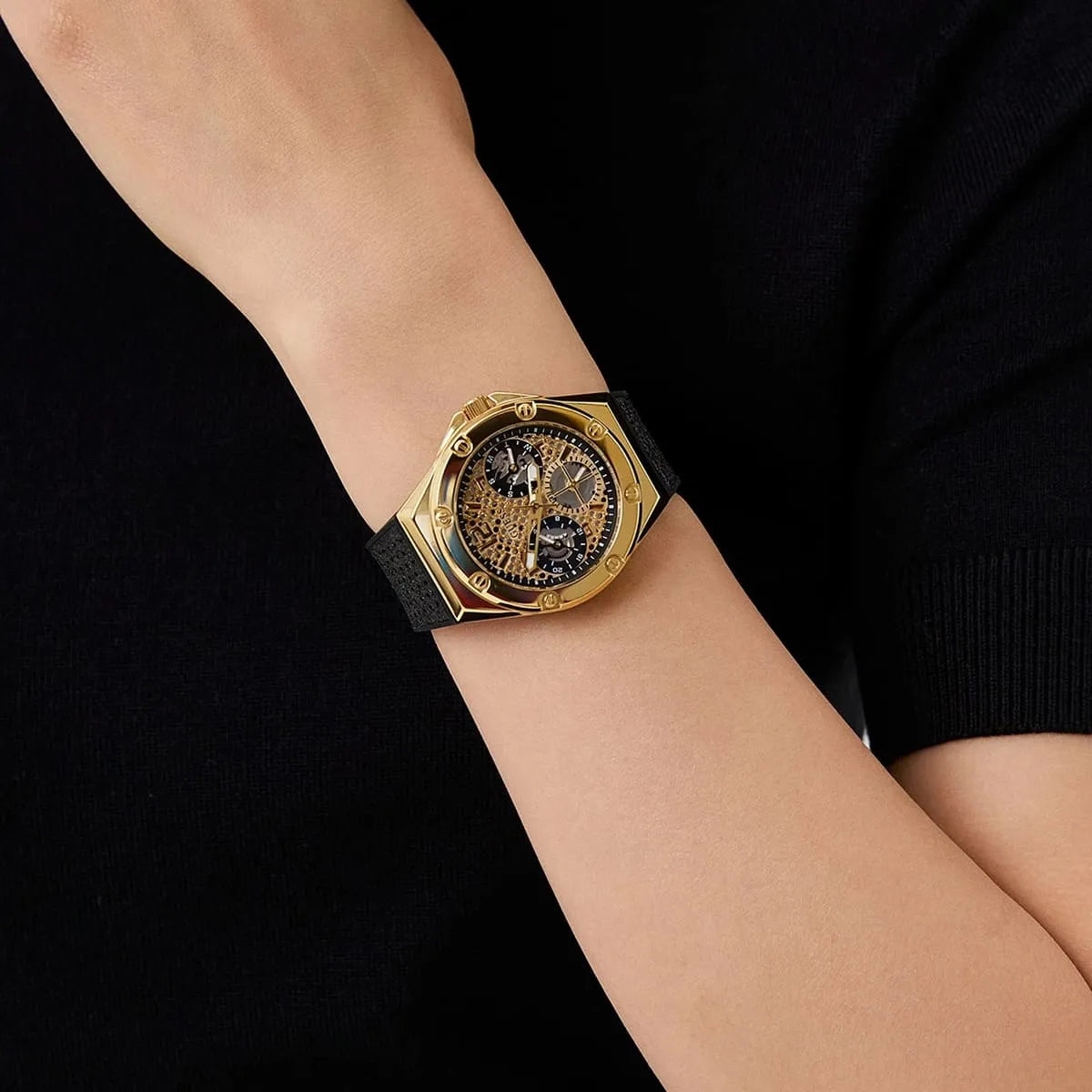  Shop Authentic Guess Asteria Multifunction Gold Dial Black Rubber Strap Watch For Women - GW0620L2 - Luxxuri