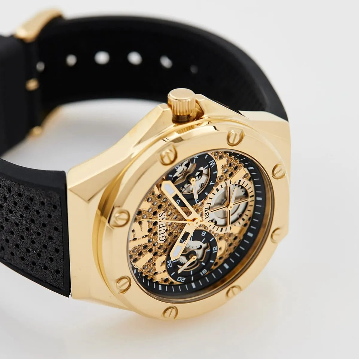 Guess Asteria Multifunction Gold Dial Black Rubber Strap Watch For Women - GW0620L2