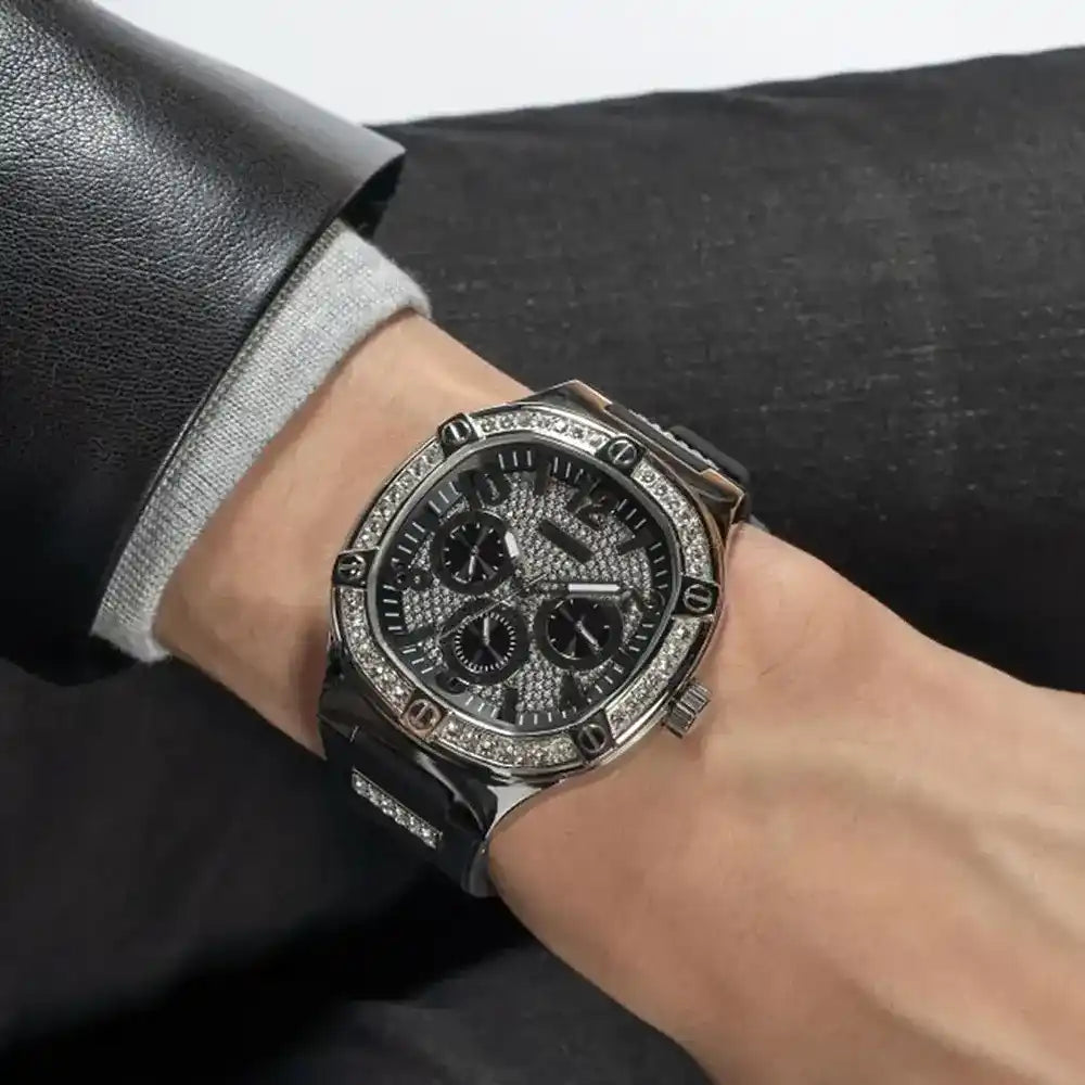  Shop Authentic Guess Duke Crystals Black Dial Black Silicone Strap Watch For Men - GW0641G1 - Luxxuri