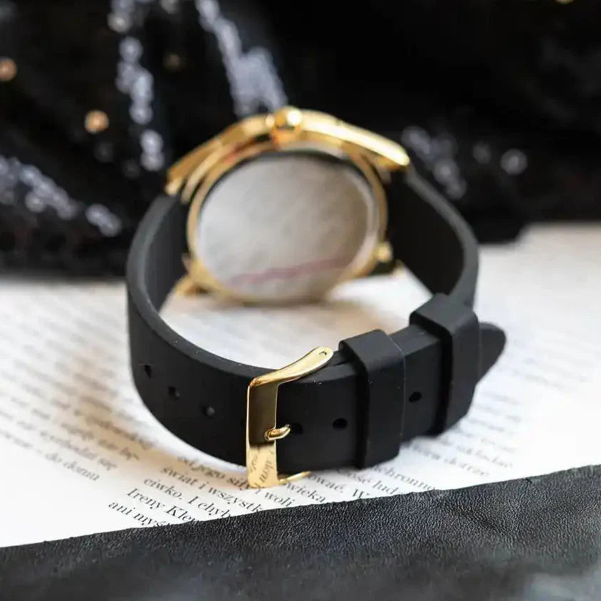  Shop Authentic Guess Cubed Analog Gold Dial Black Silicone Strap Watch For Women - GW0665L1 - Luxxuri