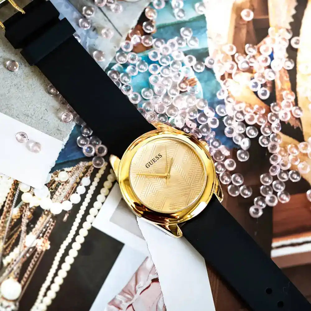 Guess Cubed Analog Gold Dial Black Silicone Strap Watch For Women - GW0665L1