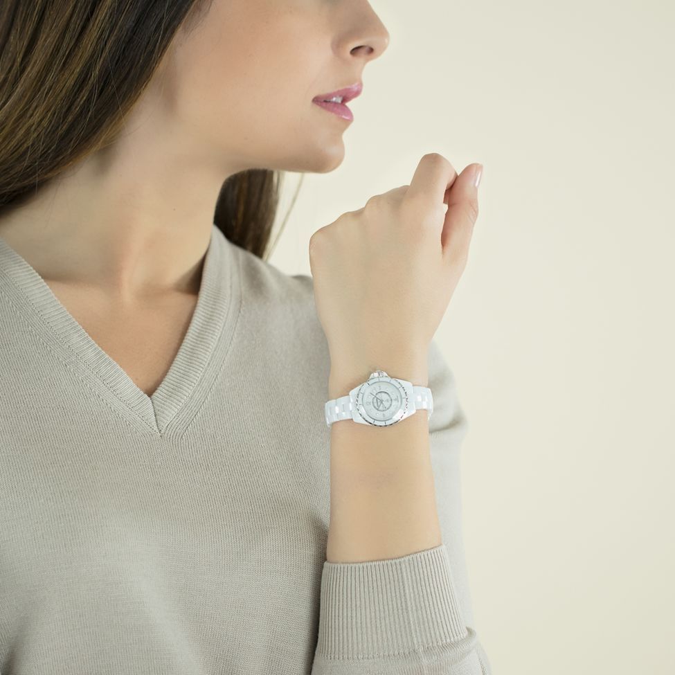  Shop Authentic Chanel J12 Diamonds Quartz Mother of Pearl White Dial White Steel Strap Watch for Women - J12 H2570 - Luxxuri