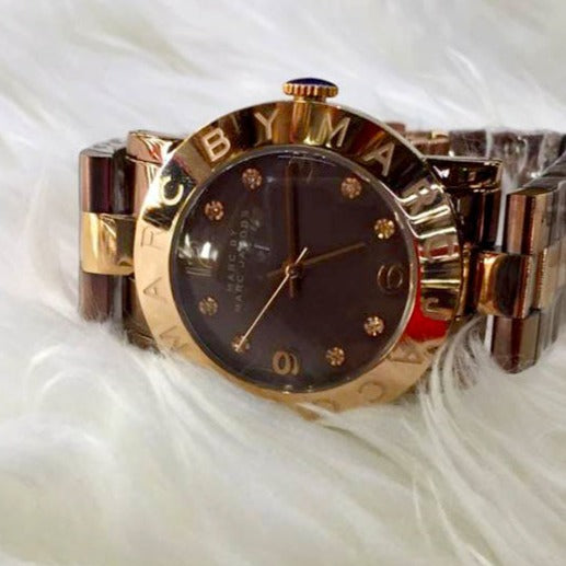 Marc Jacobs Amy Mother of Pearl Black Dial Rose Gold Steel Strap Watch for Women - MBM8610