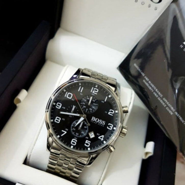  Shop Authentic Hugo Boss Aeroliner Chronograph Black Dial Silver Steel Strap Watch For Men - 1512446 - Luxxuri