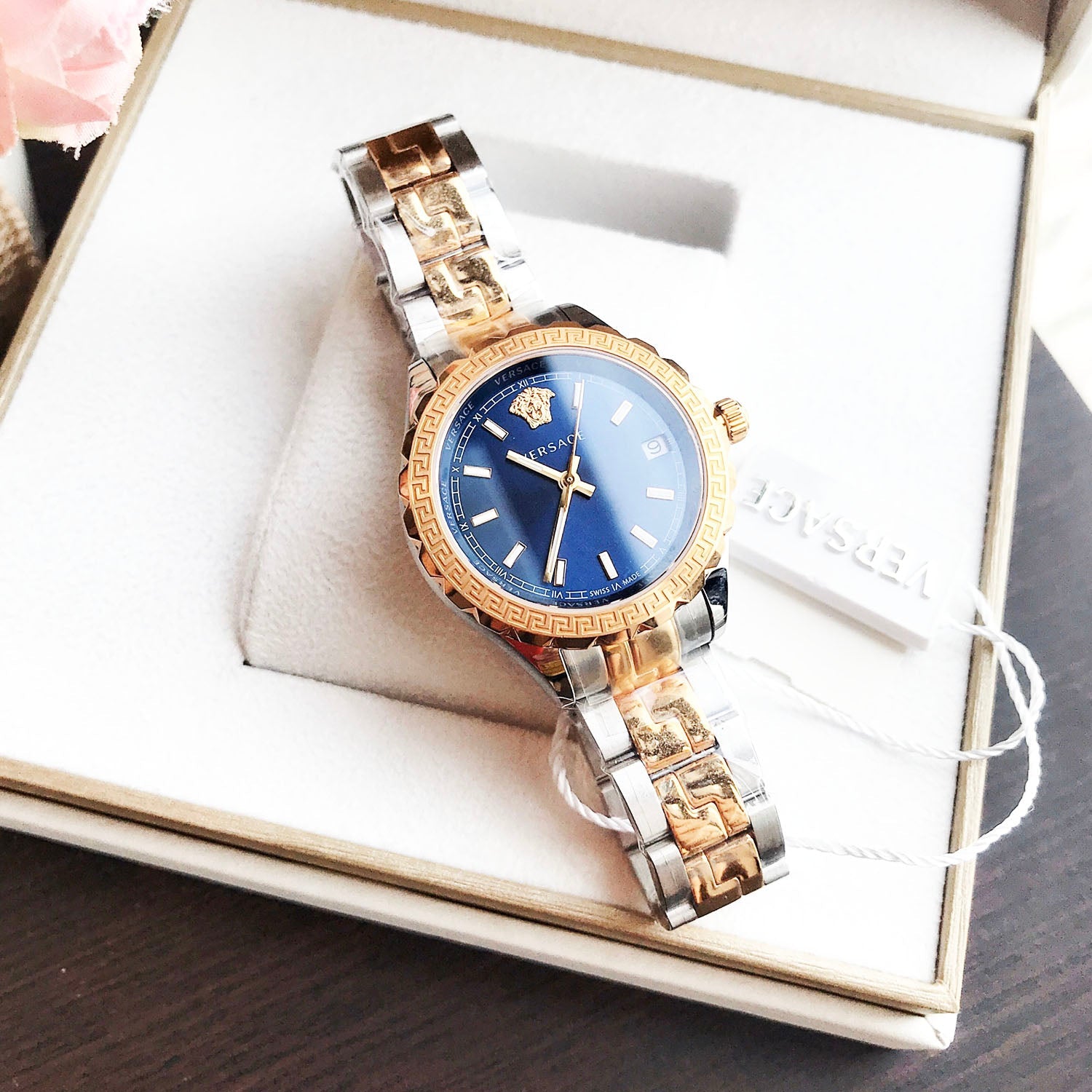  Shop Authentic Versace Hellenyium Blue Dial Two Tone Steel Strap Watch for Women - V12060017 - Luxxuri