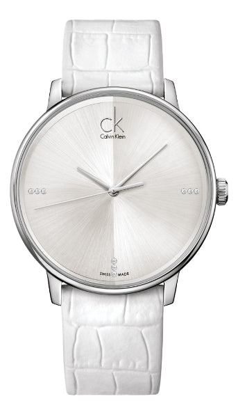  Shop Authentic Calvin Klein Accent Silver Dial White Leather Strap Watch for Women - K2Y2Y1KW - Luxxuri