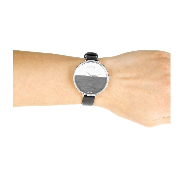  Shop Authentic Calvin Klein Rise White Grey Dial Black Leather Strap Watch for Women - K7A231C3 - Luxxuri