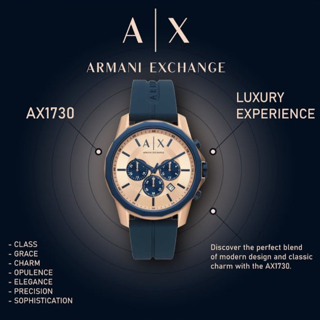  Shop Authentic Armani Exchange Hampton Chronograph Rose Gold Dial Blue Silicone Strap Watch For Men - AX1730 - Luxxuri
