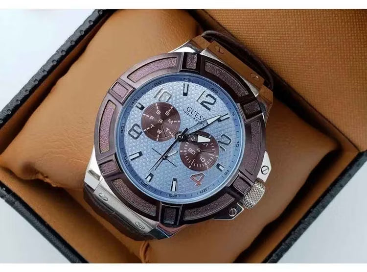  Shop Authentic Guess Rigor Analogue Quartz Blue Dial Brown Leather Strap Watch For Men - W0040G10 - Luxxuri