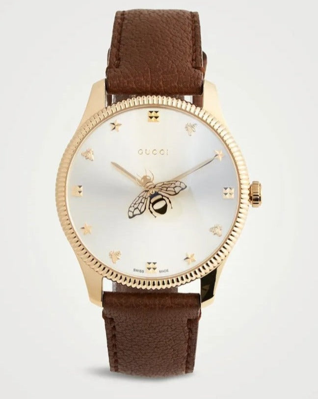 Gucci G Timeless Quartz Silver Dial Brown Leather Strap Watch For Women - YA1265022