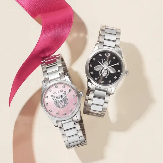  Shop Authentic Gucci G Timeless Quartz Diamonds Black Dial Silver Steel Strap Watch For Women - YA1265024 - Luxxuri