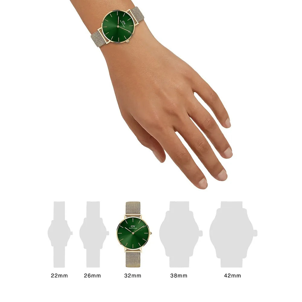 Shop Authentic Daniel Wellington Petite Emerald Green Dial Gold Mesh Strap Watch For Women - DW00100480 - Luxxuri