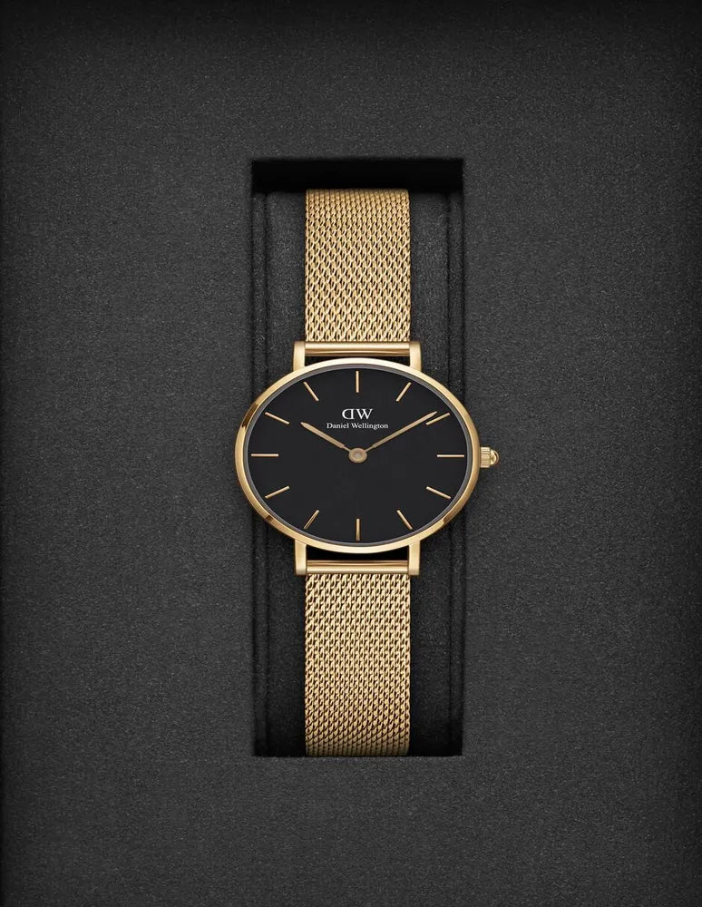  Shop Authentic Daniel Wellington Classic Petite Black Dial Gold Mesh Bracelet Watch For Women - DW00100347 - Luxxuri