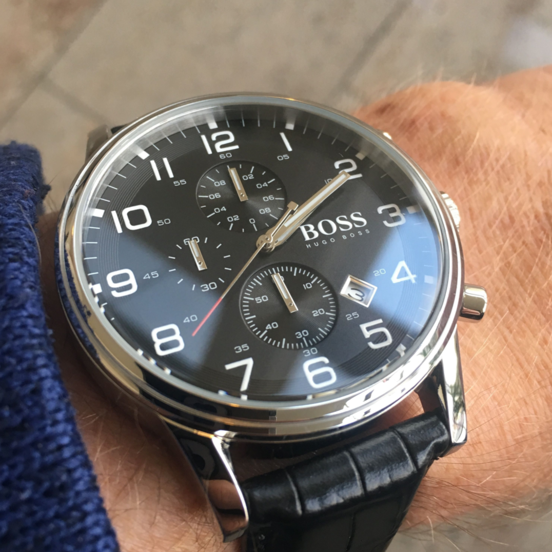 Hugo Boss Aeroliner Chronograph Black Dial Black Leather Strap Watch For Men - 1512448