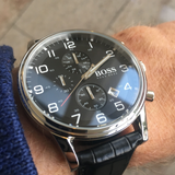  Shop Authentic Hugo Boss Aeroliner Chronograph Black Dial Black Leather Strap Watch For Men - 1512448 - Luxxuri