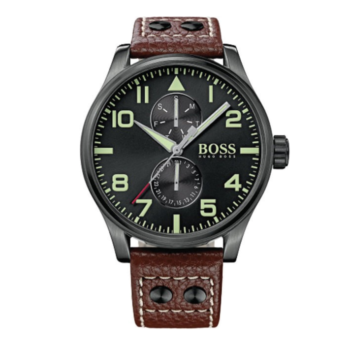 Hugo Boss Aeroliner Maxx Black Dial Brown Leather Strap Watch For Men - 1513079