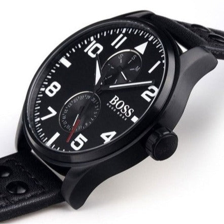  Shop Authentic Hugo Boss Aeroliner Black Dial Black Leather Strap Watch For Men - 1513083 - Luxxuri
