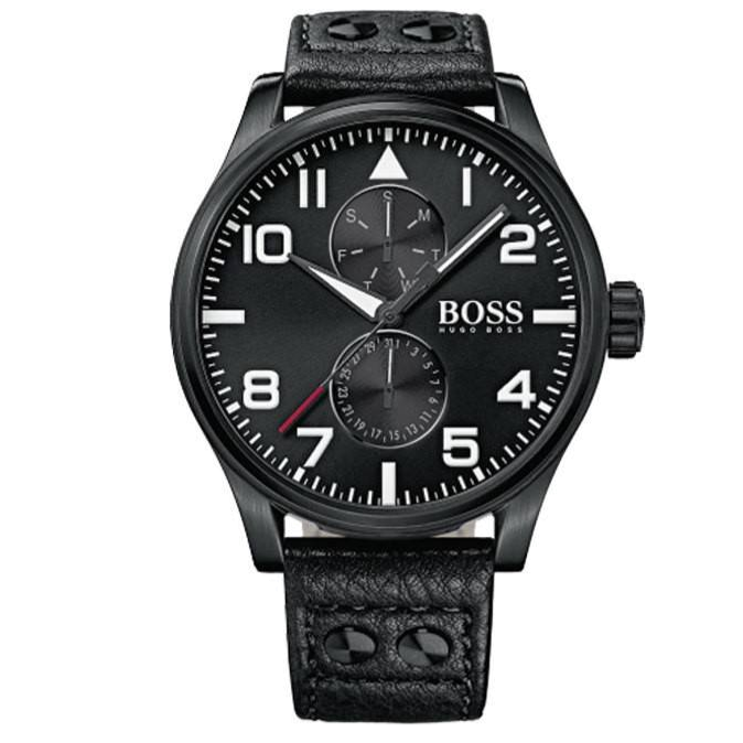  Shop Authentic Hugo Boss Aeroliner Black Dial Black Leather Strap Watch For Men - 1513083 - Luxxuri