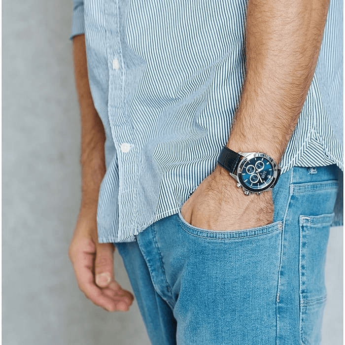  Shop Authentic Hugo Boss Ikon Blue Dial Black Leather Strap Watch for Men - 1513176 - Luxxuri