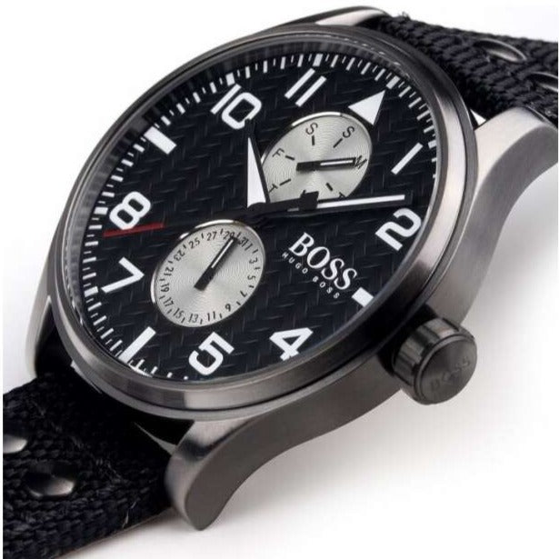  Shop Authentic Hugo Boss Aeroliner Chronograph Black Dial Black Leather Strap Watch For Men - 1513086 - Luxxuri