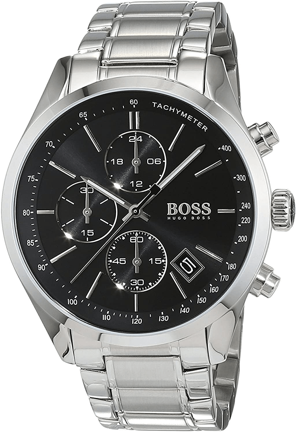 Hugo Boss Grand Prix Black Dial Silver Steel Strap Watch for Men - 1513477