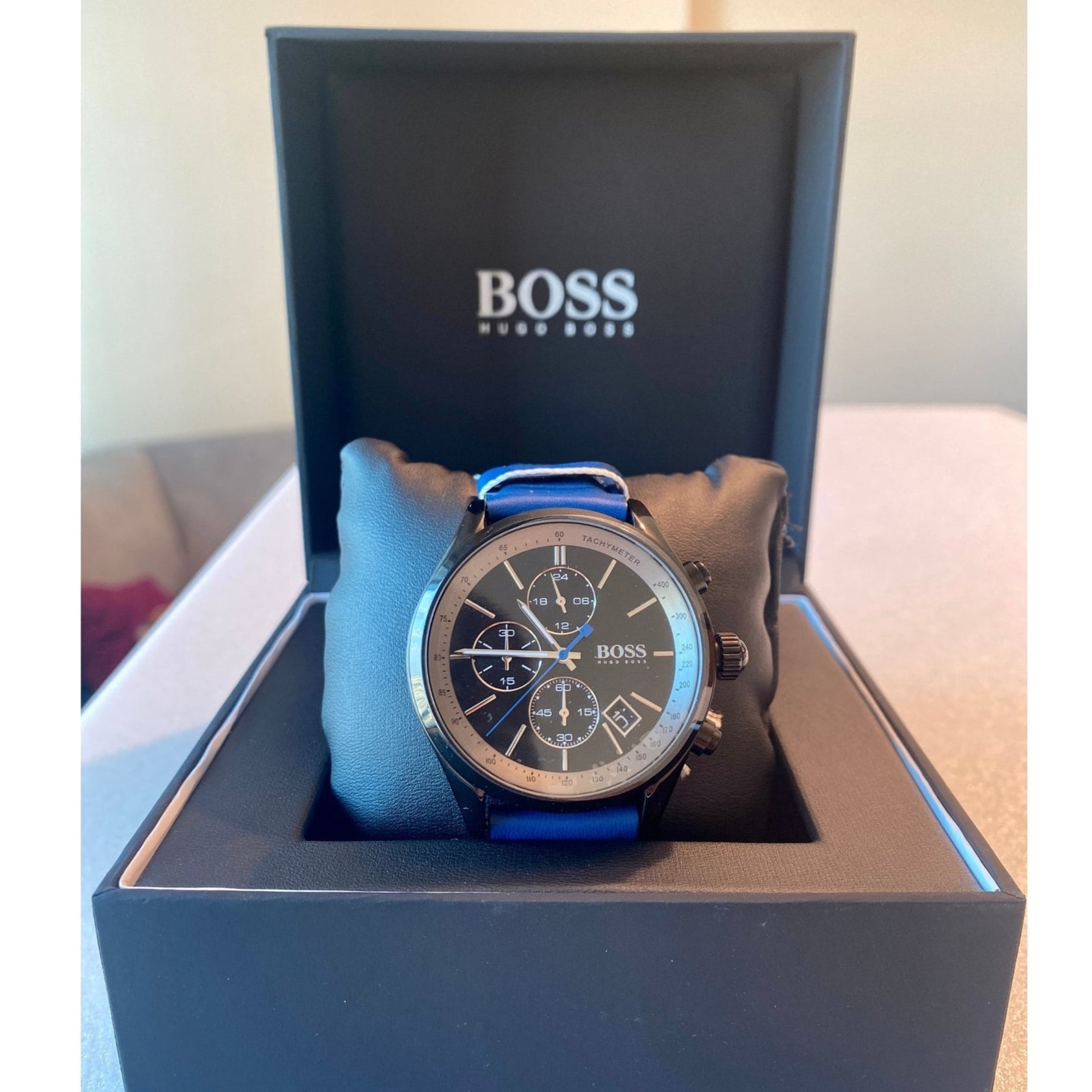  Shop Authentic Hugo Boss Grand Prix Chronograph Black Dial Blue Leather Strap Watch for Men - 1513563 - Luxxuri