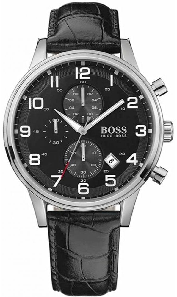 Shop Authentic Hugo Boss Aeroliner Chronograph Black Dial Black Leather Strap Watch For Men - 1512448 - Luxxuri
