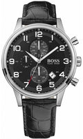  Shop Authentic Hugo Boss Aeroliner Chronograph Black Dial Black Leather Strap Watch For Men - 1512448 - Luxxuri