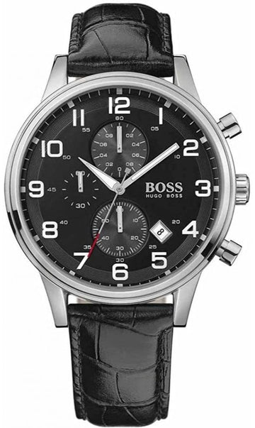  Shop Authentic Hugo Boss Aeroliner Chronograph Black Dial Black Leather Strap Watch For Men - 1512448 - Luxxuri