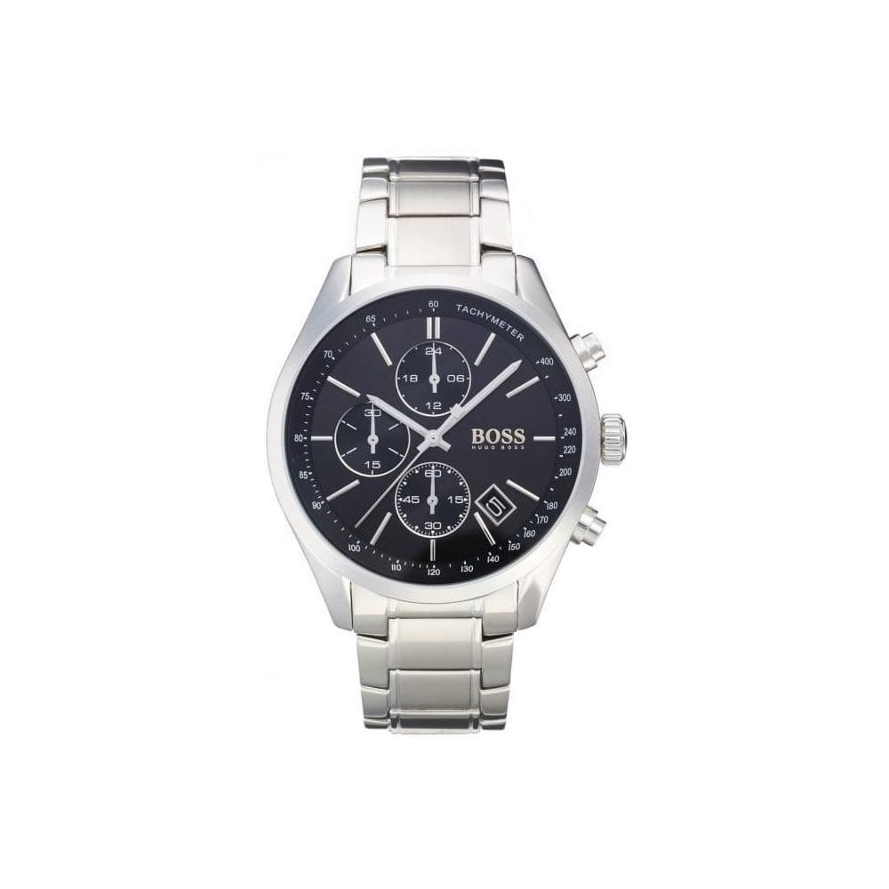 Hugo Boss Grand Prix Black Dial Silver Steel Strap Watch for Men - 1513477