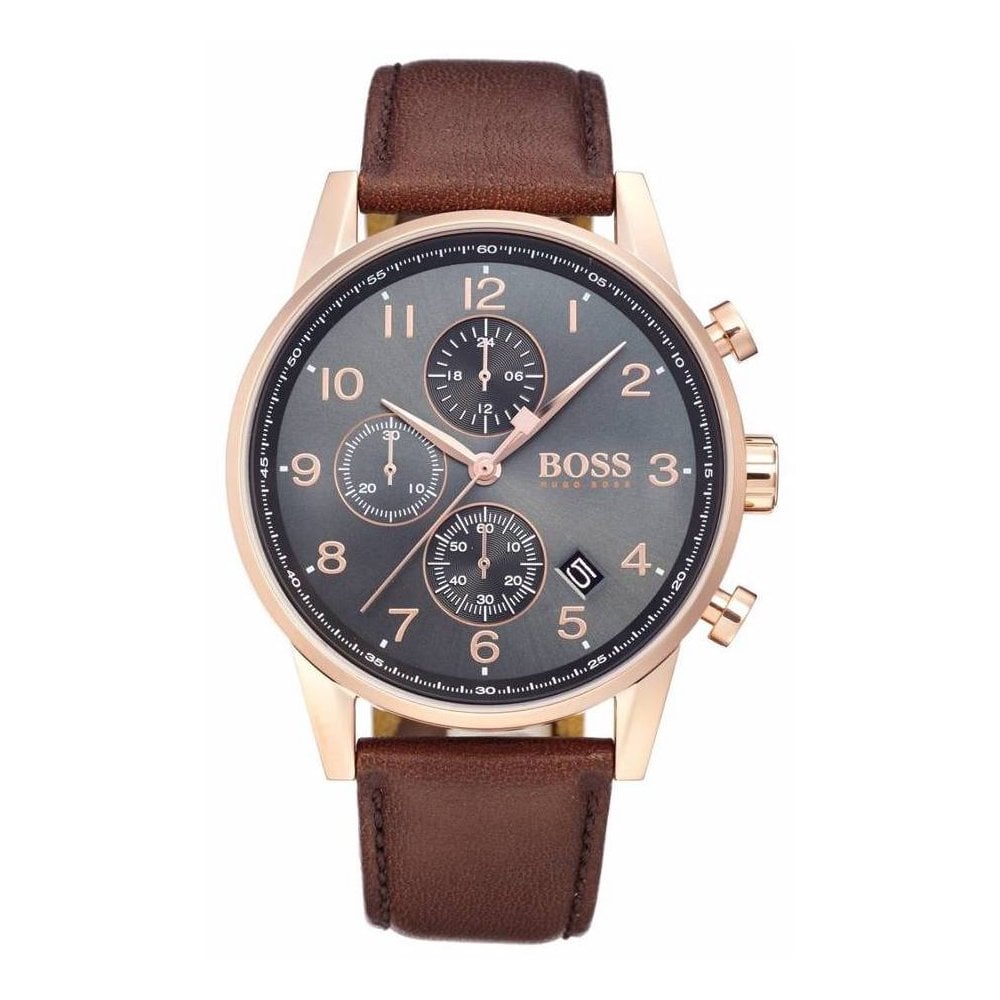  Shop Authentic Hugo Boss Navigator Grey Dial Brown Leather Strap Watch for Men - 1513496 - Luxxuri