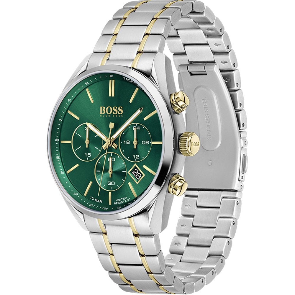 Hugo Boss Champion Green Dial Silver Steel Strap Watch for Men - 1513878