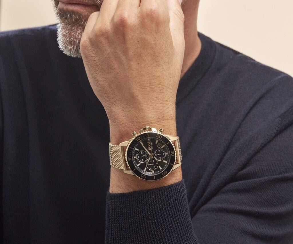  Shop Authentic Hugo Boss Admiral Chronograph Black Dial Gold Mesh Bracelet Watch for Men - 1513906 - Luxxuri