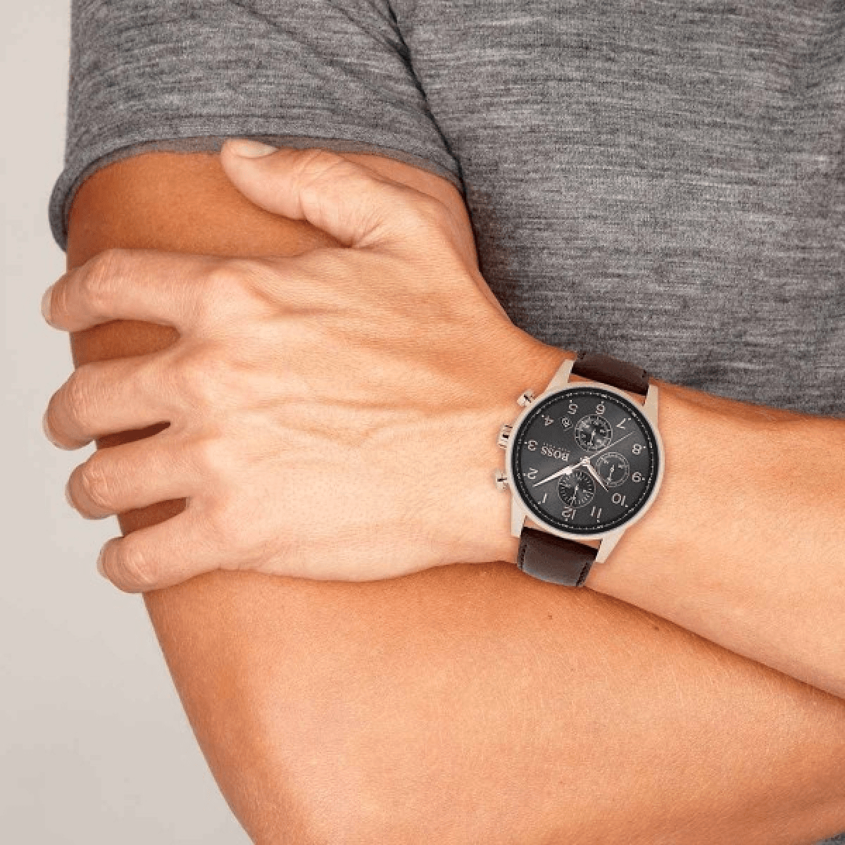  Shop Authentic Hugo Boss Navigator Grey Dial Brown Leather Strap Watch for Men - 1513496 - Luxxuri