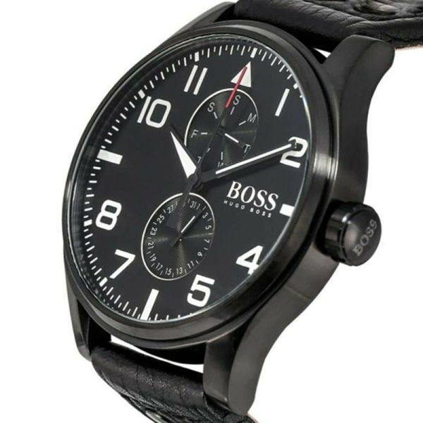  Shop Authentic Hugo Boss Aeroliner Black Dial Black Leather Strap Watch For Men - 1513083 - Luxxuri